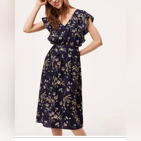 LOFT Blue and Yellow Wrap Midi Dress with Flutter Sleeves - Picture 1 of 6